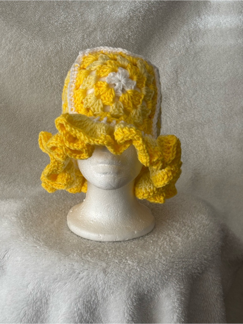 Handmade Yellow Crochet Sun Hat with White Accents